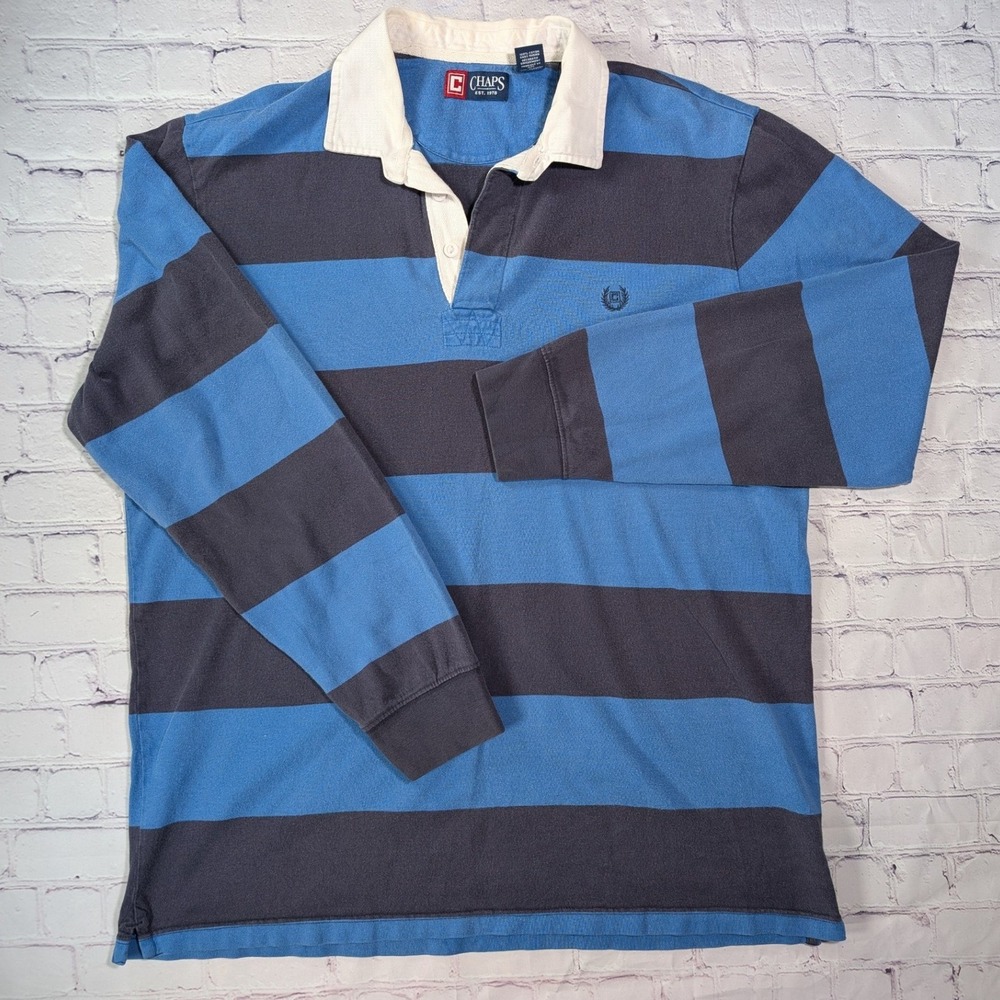 Chaps Rugby Shirt Mens L Cotton Blue Navy Striped Long Sleeve Contrast Collar